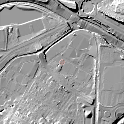 Shaded relief map of the ground around B75TJ, computed from Environment Agency LiDAR. The ground here sits at about 90 m above sea level and falls 26 m across the surrounding 800 m. Surface water reaching this point runs off ground lying to the south-south-west, 16.1 m higher.
