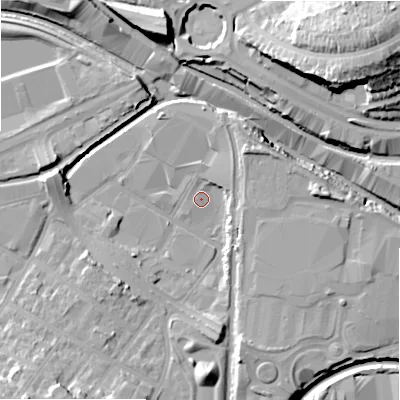 Shaded relief map of the ground around B75TQ, computed from Environment Agency LiDAR. The ground here sits at about 90 m above sea level and falls 33 m across the surrounding 800 m. Surface water reaching this point runs off ground lying to the south-west, 15.5 m higher.
