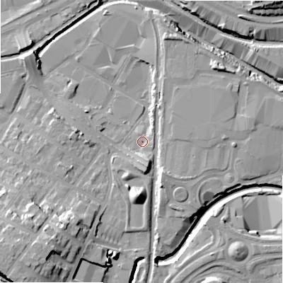 Shaded relief map of the ground around B75TR, computed from Environment Agency LiDAR. The ground here sits at about 91 m above sea level and falls 23 m across the surrounding 800 m. Surface water reaching this point runs off ground lying to the south-south-east, 5.9 m higher.