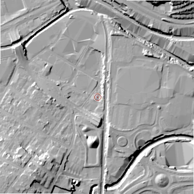 Shaded relief map of the ground around B75TS, computed from Environment Agency LiDAR. The ground here sits at about 91 m above sea level and falls 27 m across the surrounding 800 m. Surface water reaching this point runs off ground lying to the south-south-east, 7.8 m higher.