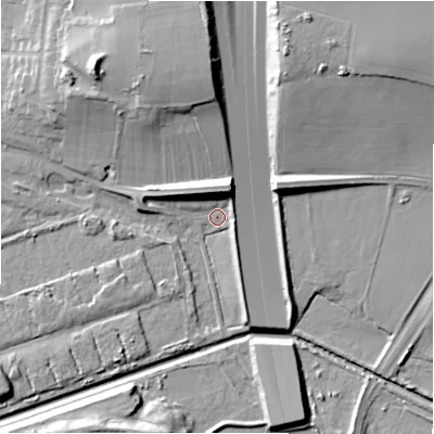 Shaded relief map of the ground around B760AA, computed from Environment Agency LiDAR. The ground here sits at about 77 m above sea level and falls 24 m across the surrounding 800 m. Surface water reaching this point runs off ground lying to the north-north-east, 11.0 m higher.