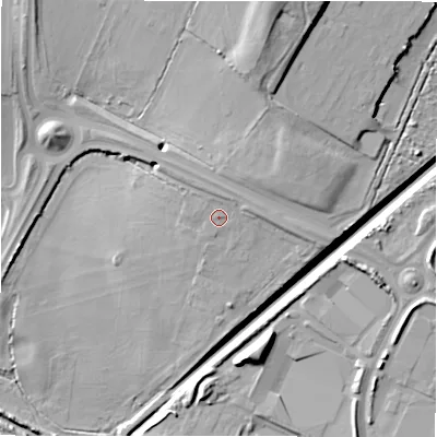 Shaded relief map of the ground around B760BE, computed from Environment Agency LiDAR. The ground here sits at about 83 m above sea level and falls 21 m across the surrounding 800 m. Surface water reaching this point runs off ground lying to the north, 1.7 m higher.