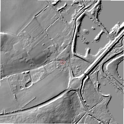 Shaded relief map of the ground around B760DN, computed from Environment Agency LiDAR. The ground here sits at about 67 m above sea level and falls 12 m across the surrounding 800 m. Surface water reaching this point runs off ground lying to the south-west, 7.7 m higher.