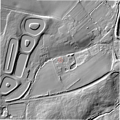 Shaded relief map of the ground around B760DP, computed from Environment Agency LiDAR. The ground here sits at about 72 m above sea level and falls 15 m across the surrounding 800 m. Surface water reaching this point runs off ground lying to the west, 8.6 m higher.