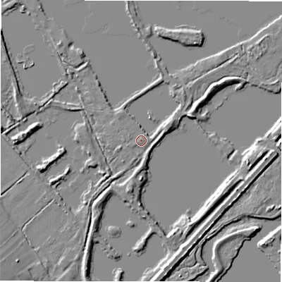 Shaded relief map of the ground around B760DT, computed from Environment Agency LiDAR. The ground here sits at about 66 m above sea level and falls 8 m across the surrounding 800 m. Surface water reaching this point runs off ground lying to the east, 0.7 m higher.