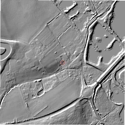 Shaded relief map of the ground around B760DW, computed from Environment Agency LiDAR. The ground here sits at about 68 m above sea level and falls 13 m across the surrounding 800 m. Surface water reaching this point runs off ground lying to the west, 8.3 m higher.
