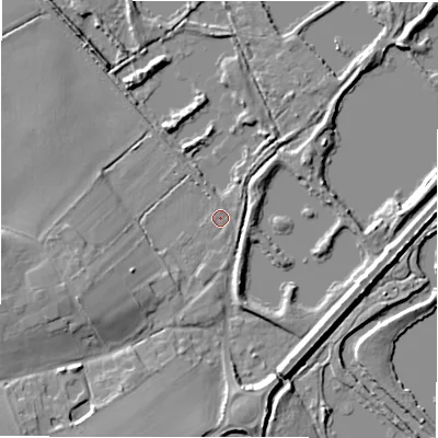 Shaded relief map of the ground around B760DX, computed from Environment Agency LiDAR. The ground here sits at about 66 m above sea level and falls 10 m across the surrounding 800 m. Surface water reaching this point runs off ground lying to the east-south-east, 1.1 m higher.