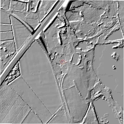 Shaded relief map of the ground around B760DY, computed from Environment Agency LiDAR. The ground here sits at about 66 m above sea level and falls 9 m across the surrounding 800 m. Surface water reaching this point runs off ground lying to the south-south-east, 2.6 m higher.