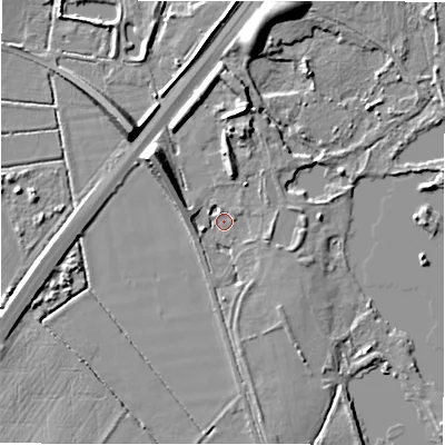 Shaded relief map of the ground around B760EA, computed from Environment Agency LiDAR. The ground here sits at about 66 m above sea level and falls 9 m across the surrounding 800 m. Surface water reaching this point runs off ground lying to the south-south-east, 2.7 m higher.