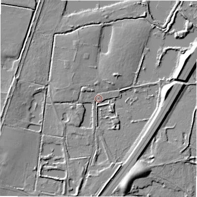 Shaded relief map of the ground around B760EE, computed from Environment Agency LiDAR. The ground here sits at about 65 m above sea level and falls 10 m across the surrounding 800 m. Surface water reaching this point runs off ground lying to the east, 7.9 m higher.
