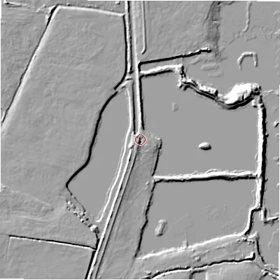 Shaded relief map of the ground around B760EF, computed from Environment Agency LiDAR. The ground here sits at about 65 m above sea level and falls 7 m across the surrounding 800 m. Surface water reaching this point runs off ground lying to the south, 3.3 m higher.