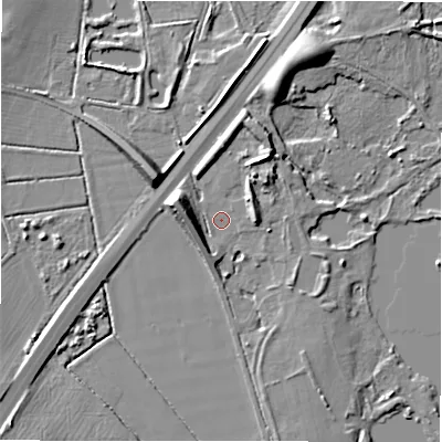 Shaded relief map of the ground around B760EG, computed from Environment Agency LiDAR. The ground here sits at about 66 m above sea level and falls 9 m across the surrounding 800 m. Surface water reaching this point runs off ground lying to the north-east, 5.5 m higher.