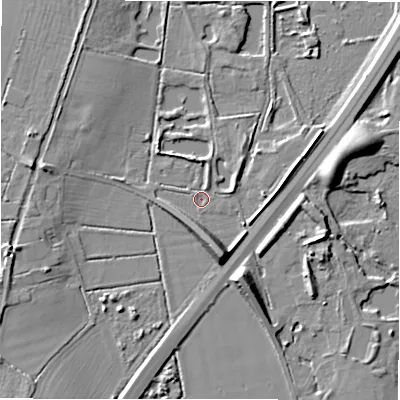 Shaded relief map of the ground around B760EQ, computed from Environment Agency LiDAR. The ground here sits at about 65 m above sea level and falls 9 m across the surrounding 800 m. Surface water reaching this point runs off ground lying to the south-south-east, 7.9 m higher.