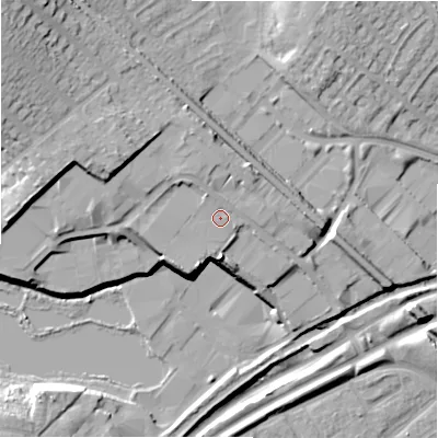 Shaded relief map of the ground around B761AX, computed from Environment Agency LiDAR. The ground here sits at about 96 m above sea level and falls 24 m across the surrounding 800 m. Surface water reaching this point runs off ground lying to the north-north-west, 2.2 m higher.