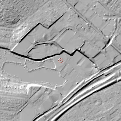Shaded relief map of the ground around B761BA, computed from Environment Agency LiDAR. The ground here sits at about 88 m above sea level and falls 24 m across the surrounding 800 m. Surface water reaching this point runs off ground lying to the north-north-east, 9.0 m higher.