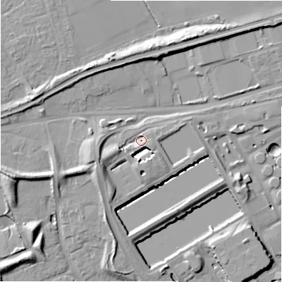 Shaded relief map of the ground around B769BE, computed from Environment Agency LiDAR. The ground here sits at about 85 m above sea level and falls 14 m across the surrounding 800 m. Surface water reaching this point runs off ground lying to the west-south-west, 6.7 m higher.