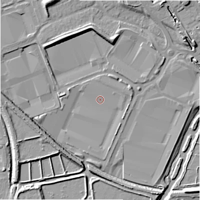 Shaded relief map of the ground around B769EH, computed from Environment Agency LiDAR. The ground here sits at about 80 m above sea level and falls 11 m across the surrounding 800 m. Surface water reaching this point runs off ground lying to the west-south-west, 3.3 m higher.