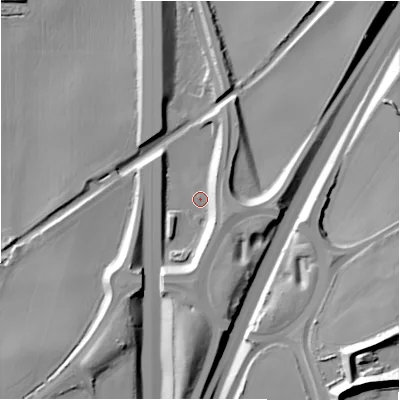 Shaded relief map of the ground around B769ER, computed from Environment Agency LiDAR. The ground here sits at about 87 m above sea level and falls 31 m across the surrounding 800 m. Surface water reaching this point runs off ground lying to the south-south-east, 9.6 m higher.