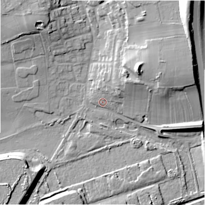 Shaded relief map of the ground around B769HP, computed from Environment Agency LiDAR. The ground here sits at about 79 m above sea level and falls 25 m across the surrounding 800 m. Surface water reaching this point runs off ground lying to the north-north-east, 6.1 m higher.