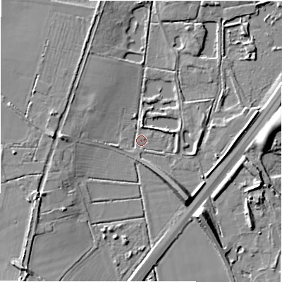 Shaded relief map of the ground around B769JB, computed from Environment Agency LiDAR. The ground here sits at about 65 m above sea level and falls 9 m across the surrounding 800 m. Surface water reaching this point runs off ground lying to the south-east, 8.1 m higher.