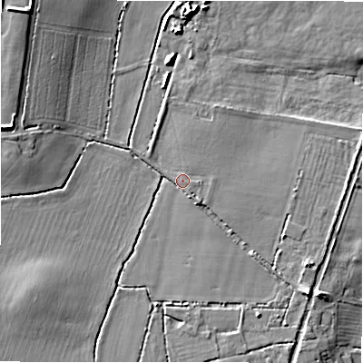 Shaded relief map of the ground around B769JG, computed from Environment Agency LiDAR. The ground here sits at about 67 m above sea level and falls 9 m across the surrounding 800 m. Surface water reaching this point runs off ground lying to the south-east, 0.9 m higher.