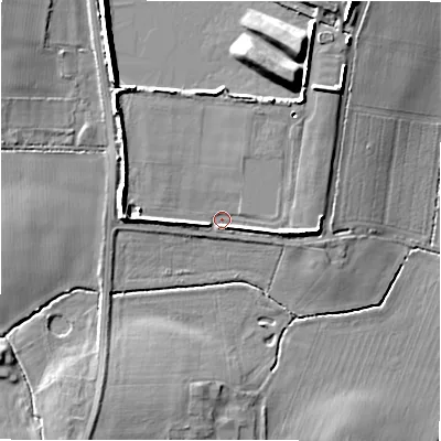 Shaded relief map of the ground around B769JH, computed from Environment Agency LiDAR. The ground here sits at about 69 m above sea level and falls 11 m across the surrounding 800 m. Surface water reaching this point runs off ground lying to the north-west, 5.4 m higher.