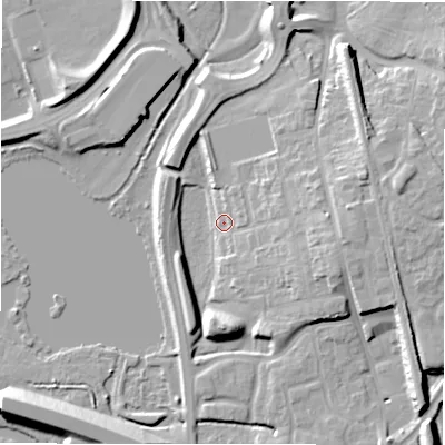 Shaded relief map of the ground around B771AR, computed from Environment Agency LiDAR. The ground here sits at about 61 m above sea level and falls 13 m across the surrounding 800 m. Surface water reaching this point runs off ground lying to the east-south-east, 10.7 m higher.