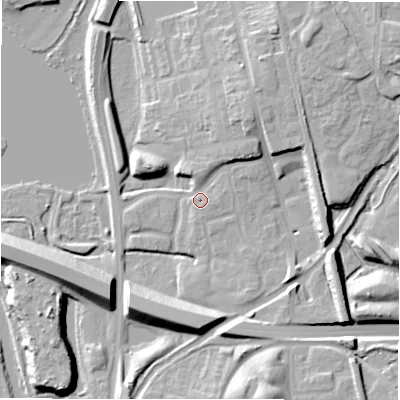 Shaded relief map of the ground around B771BD, computed from Environment Agency LiDAR. The ground here sits at about 63 m above sea level and falls 15 m across the surrounding 800 m. Surface water reaching this point runs off ground lying to the north-east, 4.4 m higher.