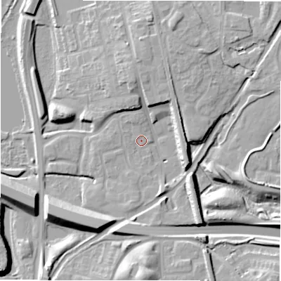 Shaded relief map of the ground around B771BE, computed from Environment Agency LiDAR. The ground here sits at about 63 m above sea level and falls 15 m across the surrounding 800 m. Surface water reaching this point runs off ground lying to the east-north-east, 8.9 m higher.