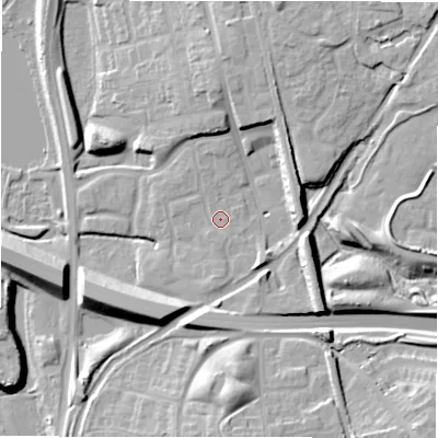 Shaded relief map of the ground around B771BG, computed from Environment Agency LiDAR. The ground here sits at about 63 m above sea level and falls 15 m across the surrounding 800 m. Surface water reaching this point runs off ground lying to the north-east, 8.9 m higher.