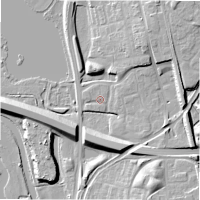 Shaded relief map of the ground around B771BH, computed from Environment Agency LiDAR. The ground here sits at about 62 m above sea level and falls 15 m across the surrounding 800 m. Surface water reaching this point runs off ground lying to the south-west, 1.1 m higher.