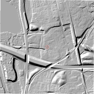 Shaded relief map of the ground around B771BQ, computed from Environment Agency LiDAR. The ground here sits at about 63 m above sea level and falls 15 m across the surrounding 800 m. Surface water reaching this point runs off ground lying to the east-north-east, 8.9 m higher.