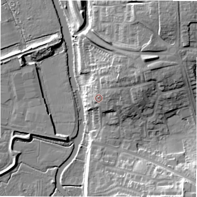 Shaded relief map of the ground around B771HL, computed from Environment Agency LiDAR. The ground here sits at about 68 m above sea level and falls 20 m across the surrounding 800 m. Surface water reaching this point runs off ground lying to the east-north-east, 7.0 m higher.