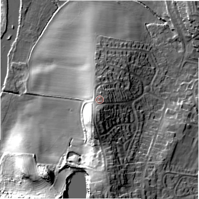 Shaded relief map of the ground around B771LZ, computed from Environment Agency LiDAR. The ground here sits at about 84 m above sea level and falls 33 m across the surrounding 800 m. Surface water reaching this point runs off ground lying to the south-south-west, 5.6 m higher.