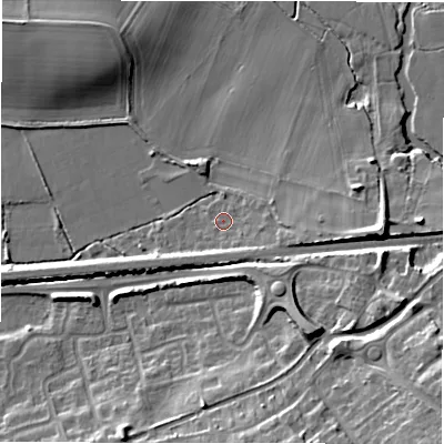 Shaded relief map of the ground around B773AX, computed from Environment Agency LiDAR. The ground here sits at about 62 m above sea level and falls 17 m across the surrounding 800 m. Surface water reaching this point runs off ground lying to the east-south-east, 3.6 m higher.