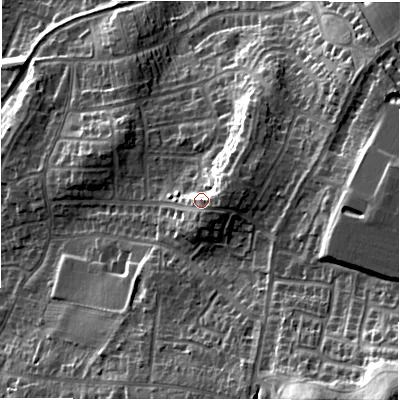 Shaded relief map of the ground around B773HH, computed from Environment Agency LiDAR. The ground here sits at about 84 m above sea level and falls 41 m across the surrounding 800 m. Surface water reaching this point runs off ground lying to the east, 6.7 m higher.