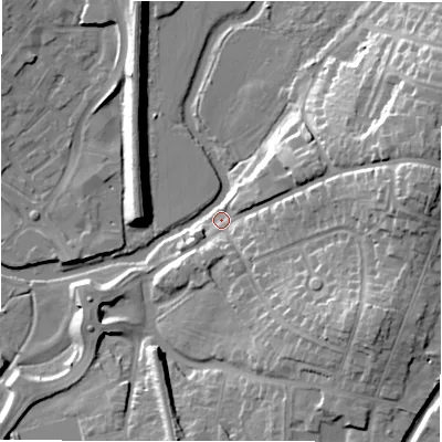 Shaded relief map of the ground around B773LH, computed from Environment Agency LiDAR. The ground here sits at about 61 m above sea level and falls 21 m across the surrounding 800 m. Surface water reaching this point runs off ground lying to the east, 20.8 m higher.