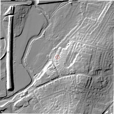 Shaded relief map of the ground around B773LJ, computed from Environment Agency LiDAR. The ground here sits at about 65 m above sea level and falls 21 m across the surrounding 800 m. Surface water reaching this point runs off ground lying to the east-south-east, 14.6 m higher.