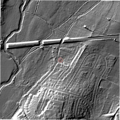 Shaded relief map of the ground around B773LL, computed from Environment Agency LiDAR. The ground here sits at about 62 m above sea level and falls 19 m across the surrounding 800 m. Surface water reaching this point runs off ground lying to the south-east, 6.1 m higher.