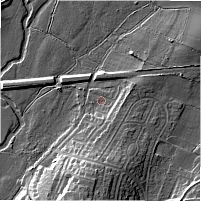 Shaded relief map of the ground around B773NP, computed from Environment Agency LiDAR. The ground here sits at about 62 m above sea level and falls 19 m across the surrounding 800 m. Surface water reaching this point runs off ground lying to the south-east, 5.1 m higher.