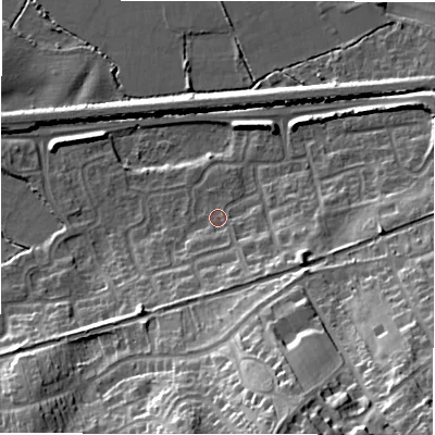 Shaded relief map of the ground around B773QQ, computed from Environment Agency LiDAR. The ground here sits at about 63 m above sea level and falls 27 m across the surrounding 800 m. Surface water reaching this point runs off ground lying to the south-south-east, 5.5 m higher.