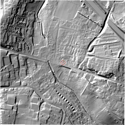 Shaded relief map of the ground around B775BN, computed from Environment Agency LiDAR. The ground here sits at about 79 m above sea level and falls 28 m across the surrounding 800 m. Surface water reaching this point runs off ground lying to the east-south-east, 19.4 m higher.