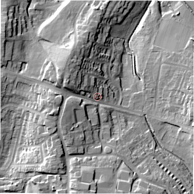 Shaded relief map of the ground around B775BP, computed from Environment Agency LiDAR. The ground here sits at about 84 m above sea level and falls 27 m across the surrounding 800 m. Surface water reaching this point runs off ground lying to the west, 12.9 m higher.