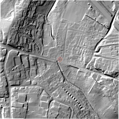Shaded relief map of the ground around B775BS, computed from Environment Agency LiDAR. The ground here sits at about 77 m above sea level and falls 28 m across the surrounding 800 m. Surface water reaching this point runs off ground lying to the east-south-east, 22.9 m higher.