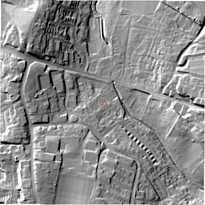 Shaded relief map of the ground around B775DB, computed from Environment Agency LiDAR. The ground here sits at about 80 m above sea level and falls 26 m across the surrounding 800 m. Surface water reaching this point runs off ground lying to the south-west, 7.9 m higher.