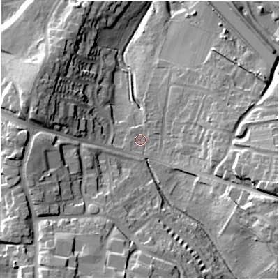 Shaded relief map of the ground around B775DS, computed from Environment Agency LiDAR. The ground here sits at about 77 m above sea level and falls 28 m across the surrounding 800 m. Surface water reaching this point runs off ground lying to the east-south-east, 22.4 m higher.