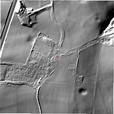Shaded relief map of the ground around B781AH, computed from Environment Agency LiDAR. The ground here sits at about 107 m above sea level and falls 25 m across the surrounding 800 m. Surface water reaching this point runs off ground lying to the south-south-east, 4.7 m higher.
