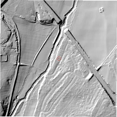 Shaded relief map of the ground around B781BX, computed from Environment Agency LiDAR. The ground here sits at about 64 m above sea level and falls 19 m across the surrounding 800 m. Surface water reaching this point runs off ground lying to the east-south-east, 14.1 m higher.