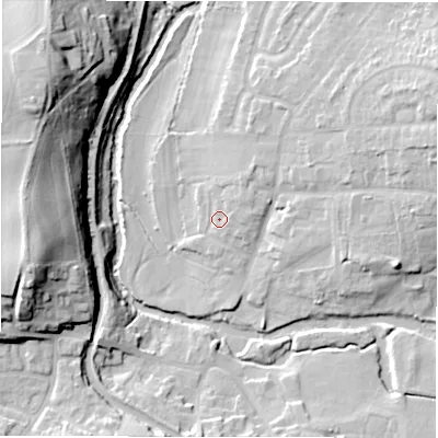 Shaded relief map of the ground around B781DE, computed from Environment Agency LiDAR. The ground here sits at about 65 m above sea level and falls 29 m across the surrounding 800 m. Surface water reaching this point runs off ground lying to the north-north-east, 2.8 m higher.