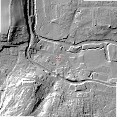 Shaded relief map of the ground around B781DF, computed from Environment Agency LiDAR. The ground here sits at about 64 m above sea level and falls 38 m across the surrounding 800 m. Surface water reaching this point runs off ground lying to the south-west, 32.4 m higher.